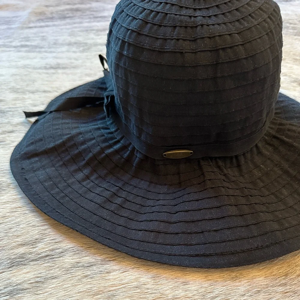 NWOT Cappelli Straworld Black Oversized Ribbon Sun Hat UPF 50+ 5” Brim, Packable - Picture 12 of 14